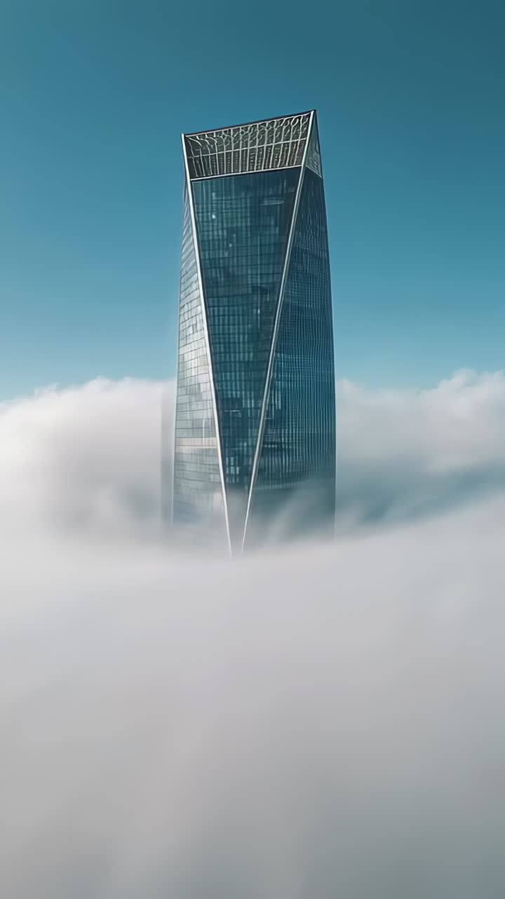 Vertical video: Zooming out drone showing glass tower rising through clouds, revealing V or X braces