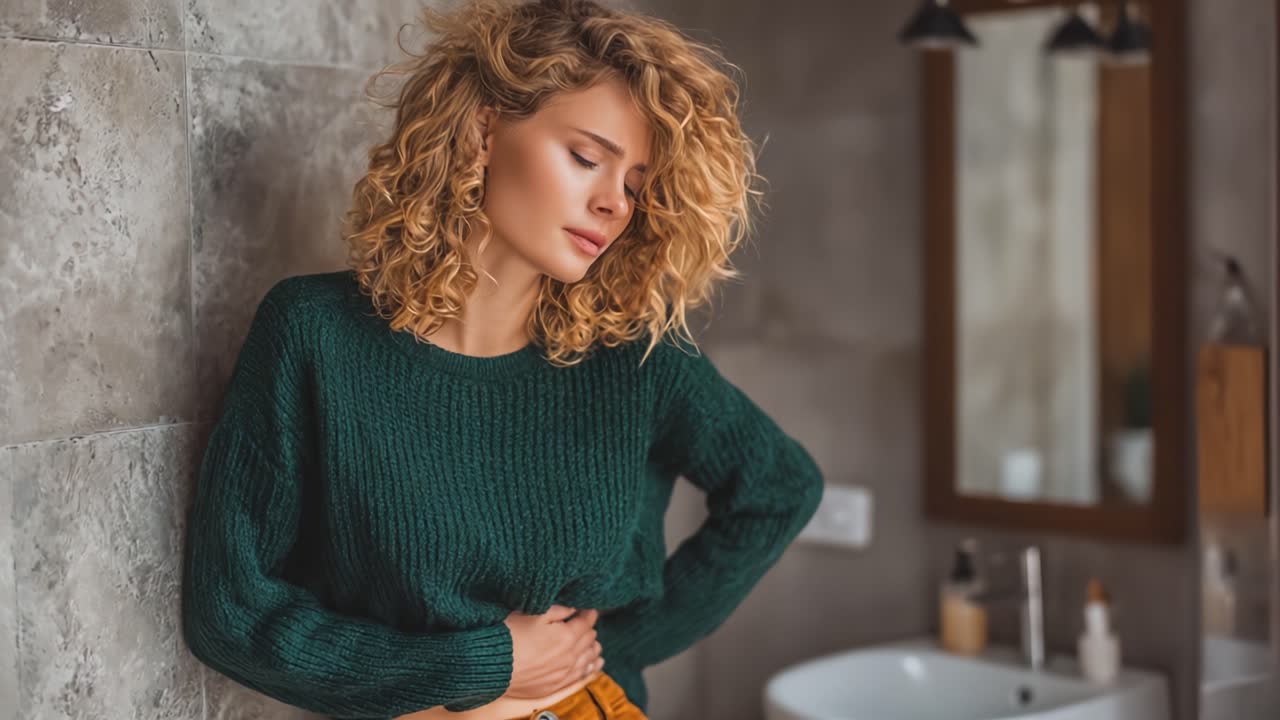 Una riflessione sul benessere: Catturando il viaggio emotivo di una giovane donna in un ambiente bagno accogliente, sottolineando comfort e introspezione.
