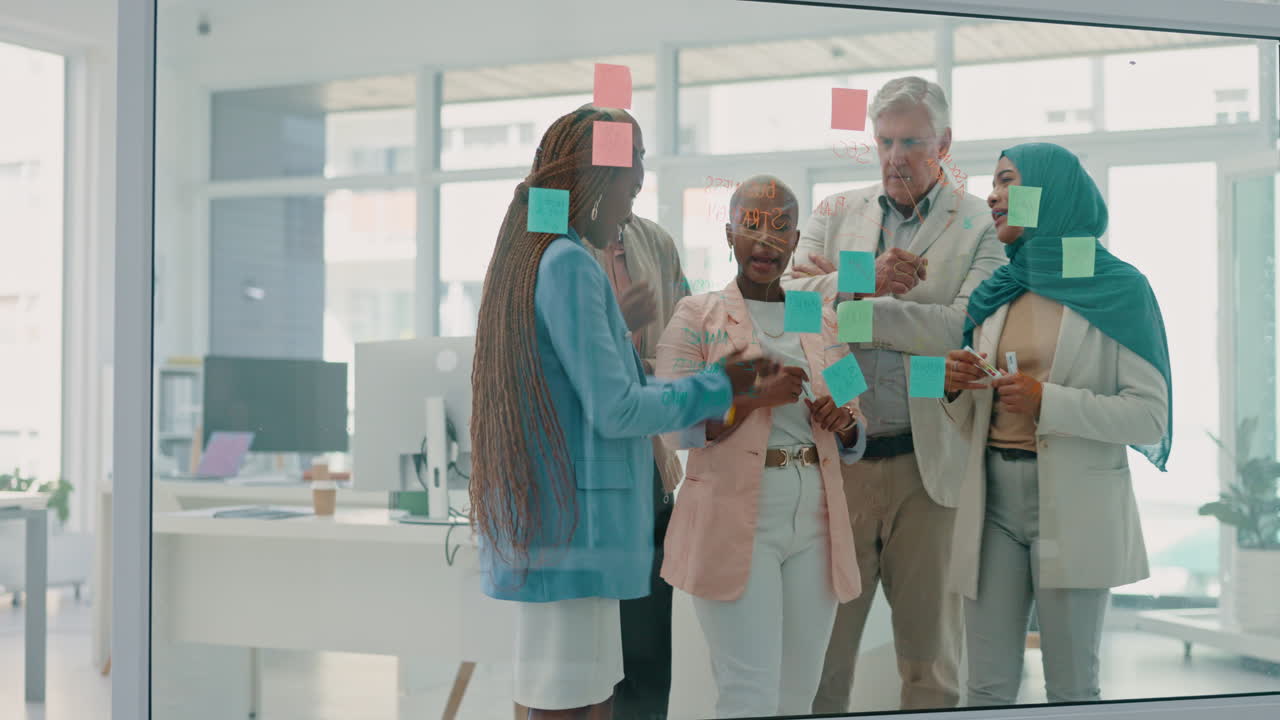 Business people, planning with glass board