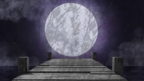 animation of wooden jetty over sea and full moon with clouds on sky in background