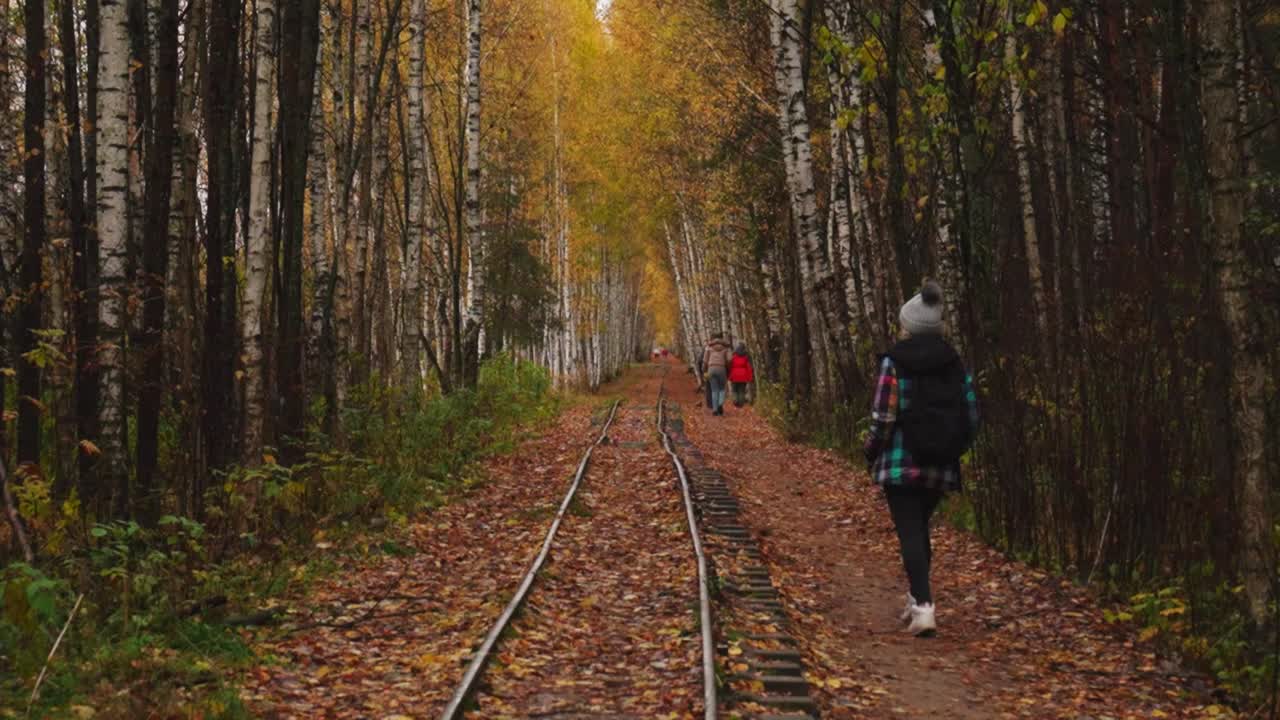 A lonely woman walks along a narrow-gauge railway in the woods