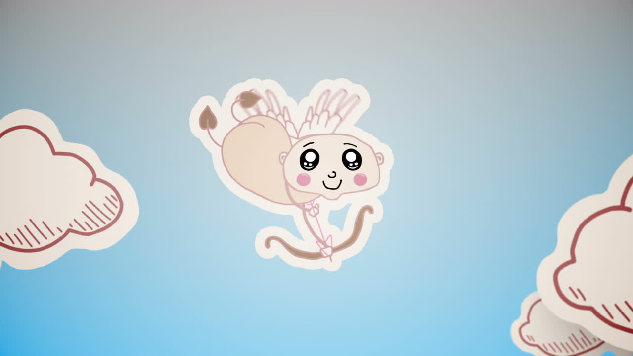 사랑스러운 만화 쿠피돈은 인사와 함께 커플에 화살을 습니다.