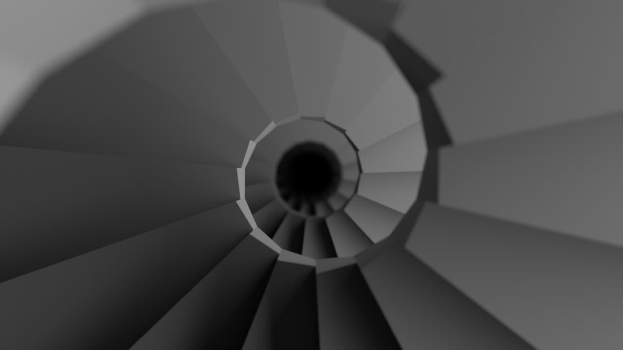 escalera en espiral hecha de hormigón. escalera hacia el futuro. escalera sin fin. concepto de escalar hacia el éxito y encontrarse a sí mismo. fondo gris oscuro. vista desde arriba. profundidad de campo. bucle de animación 3d, 4k