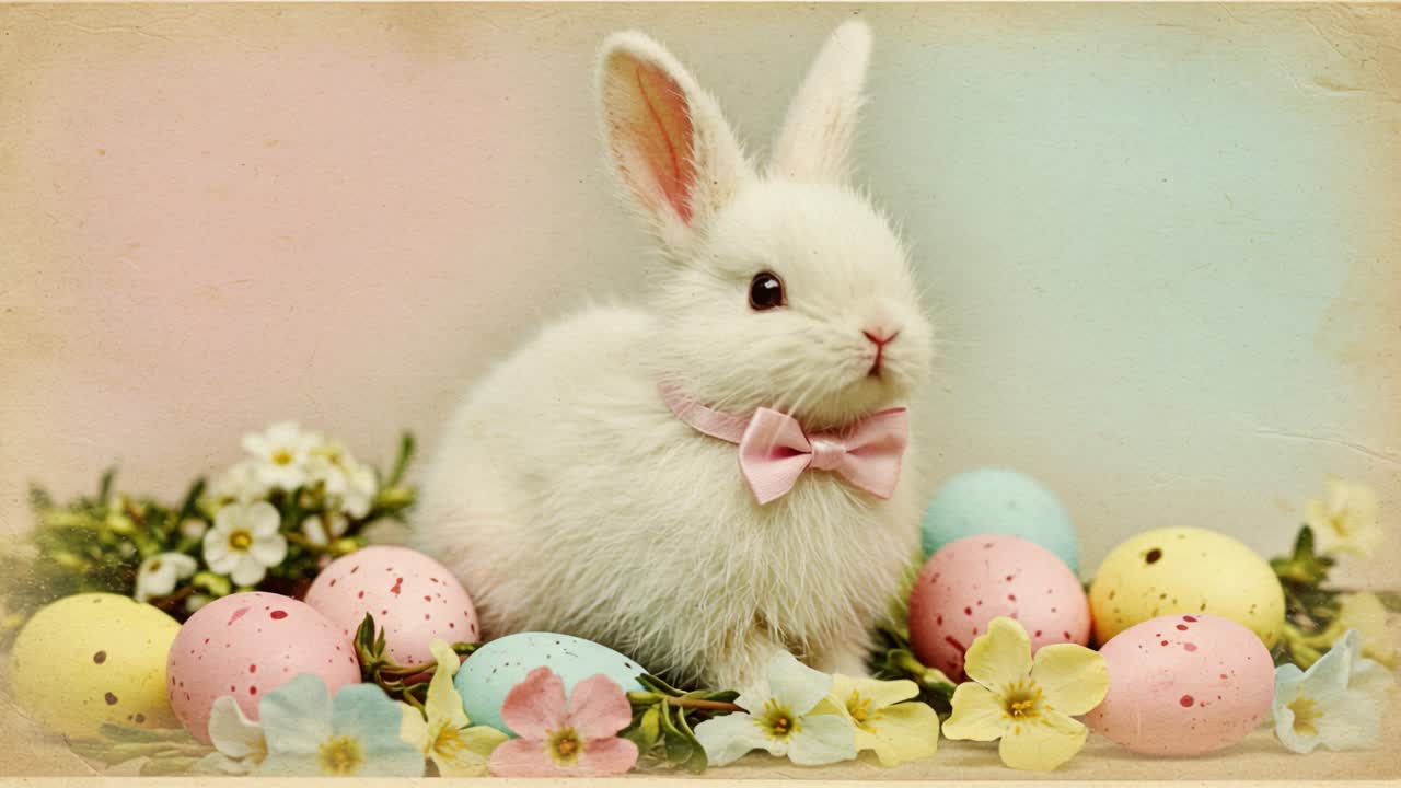 Coelhinho branco adorável cercado por ovos de Páscoa coloridos e flores frescas, capturando perfeitamente a alegria das celebrações da primavera e a atmosfera festiva