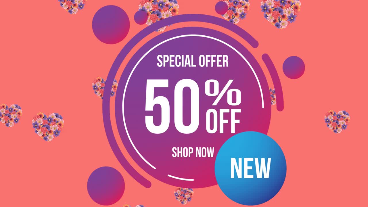 특별 제공의 애니메이션 50퍼센트 할인 텍스트 꽃 위에 최면 운동으로 움직이는