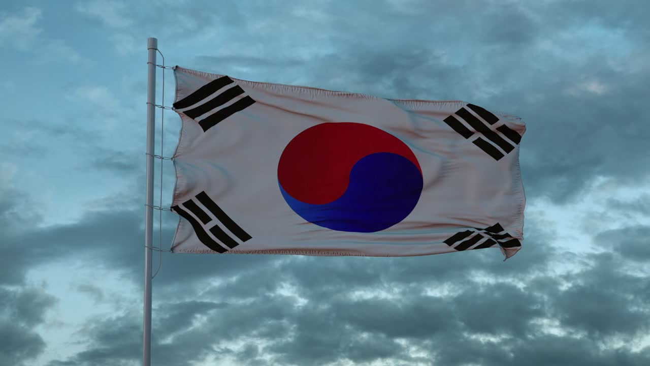 한국 국기가 흔들리는 3d 렌더링 구름 하늘 배경 - 시엄리스 루프 4k