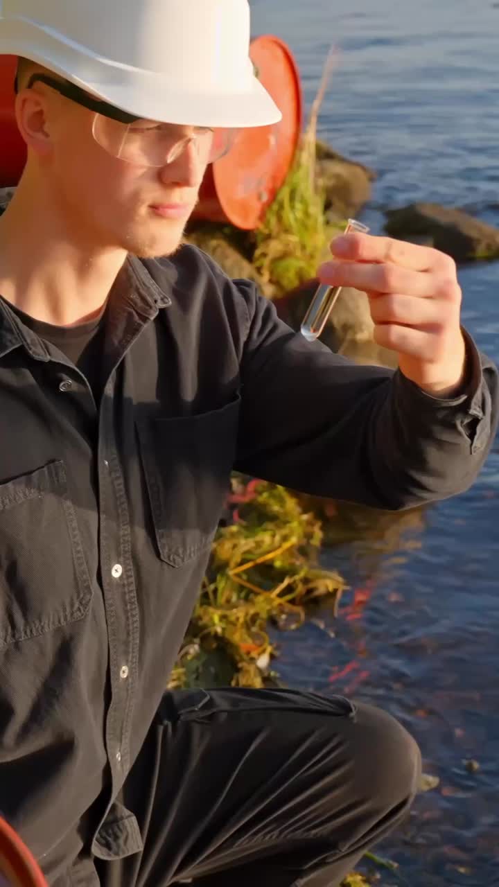 Person stares looking at water sample with bottle at riverbank, vertical