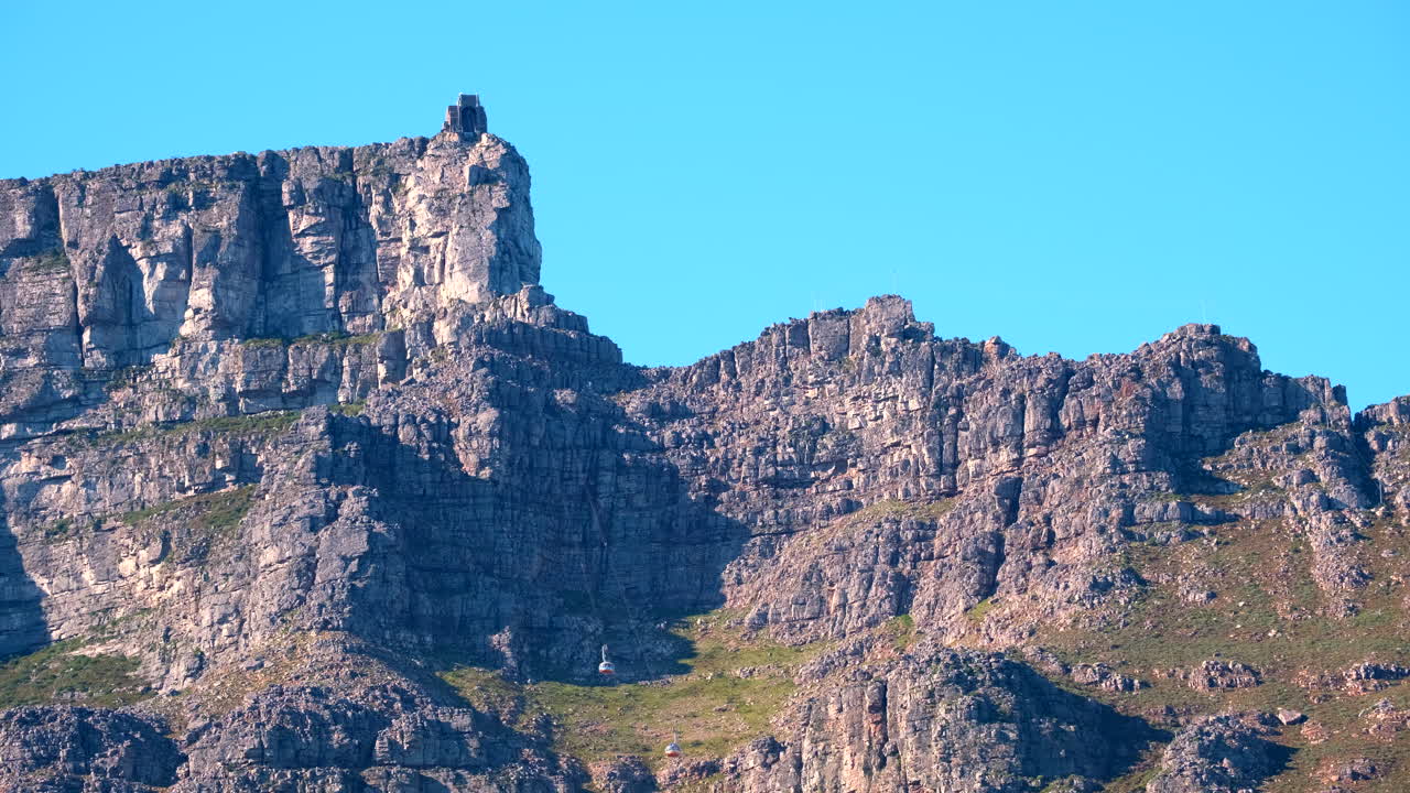Table Mountain cable car ascending toward upper station, big tourist attraction