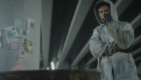 man in distress under a bridge