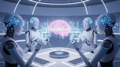 advanced robotics and neural synchronization: a futuristic conference of autonomous machines analyzing brain patterns and data visualization in a high-tech environment