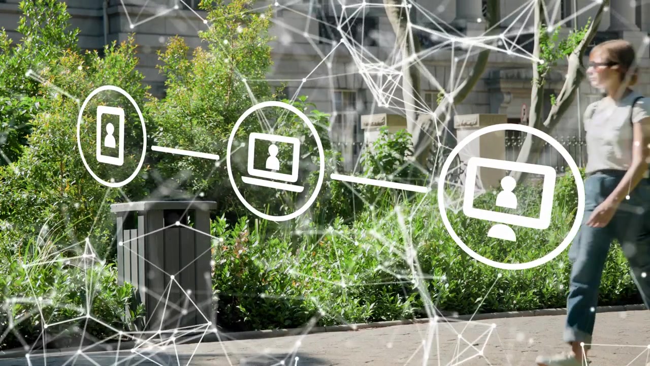 Pedestrians passing plaza causing overlay occluding then revealing device icons and nodes for tech
