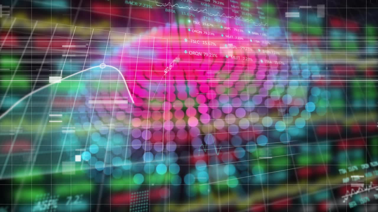 Multicolor bokeh cluster glowing over grid, overlaying line charts and numeric tickers