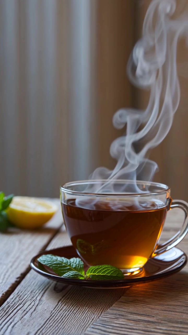 Tè caldo fumante in una tazza di vetro con menta e limone