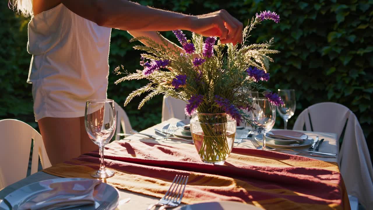 A serene outdoor dining setup at sunset, captured from a side angle