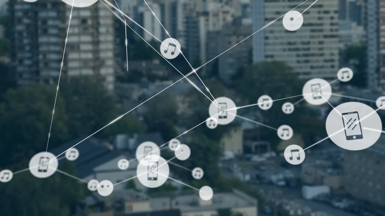 도시 풍경 위의 아이콘으로 연결된 네트워크의 애니메이션