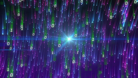 Animation of binary coding and digital data processing over black background