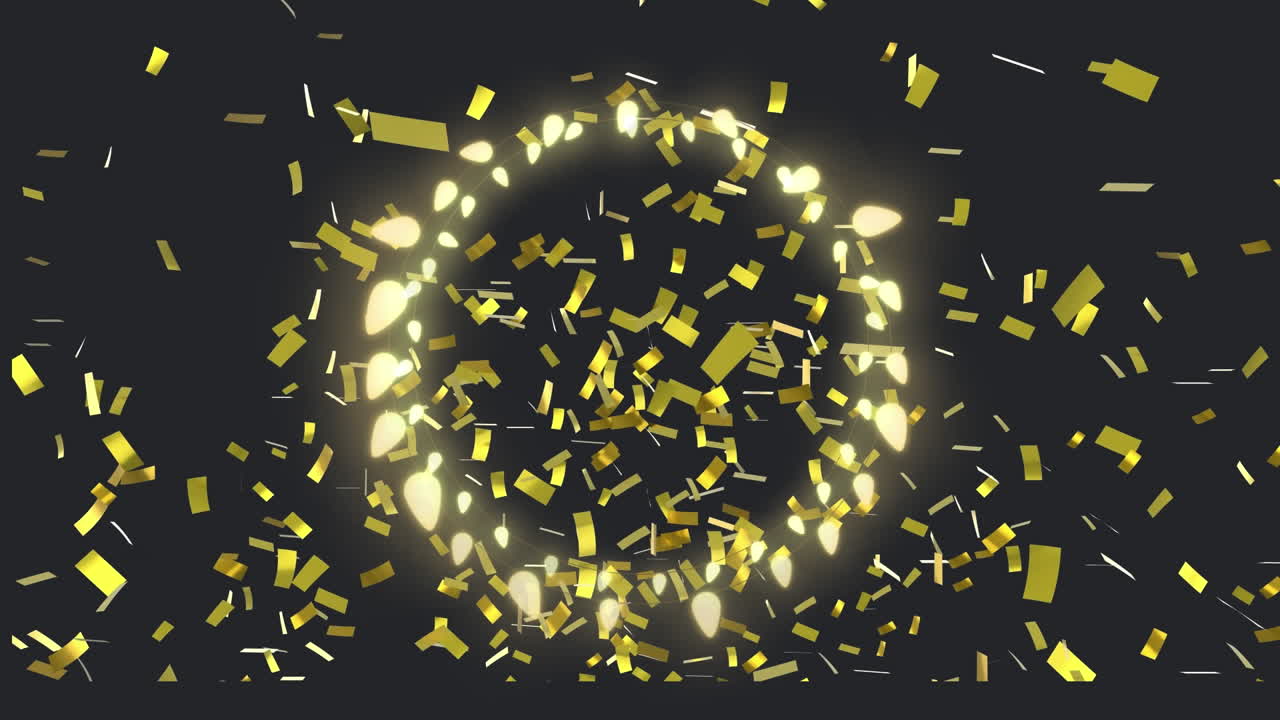 Animation of circle of glowing christmas fairy lights with gold confetti, on black