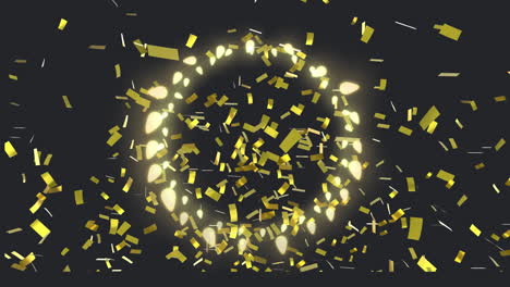 animación de un círculo de luces de hadas de navidad brillantes con confeti dorado, en negro