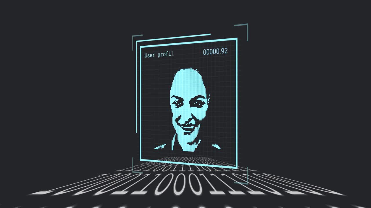 Hologram panel appearing right, sliding to center, cycling pixel portraits for indexing