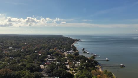 reverse drone view of fairhope alabama near mobile bay