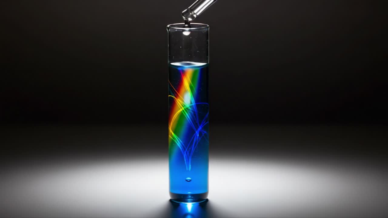 Captivating Visuals of Light Interaction in a Blue Liquid Cylinder: A Mesmerizing Display of Color and Reflection Creating a Vibrant Rainbow Effect
