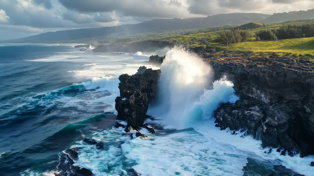 Aerial video captures dramatic waves crashing against rugged cliffs, showcasing nature's power