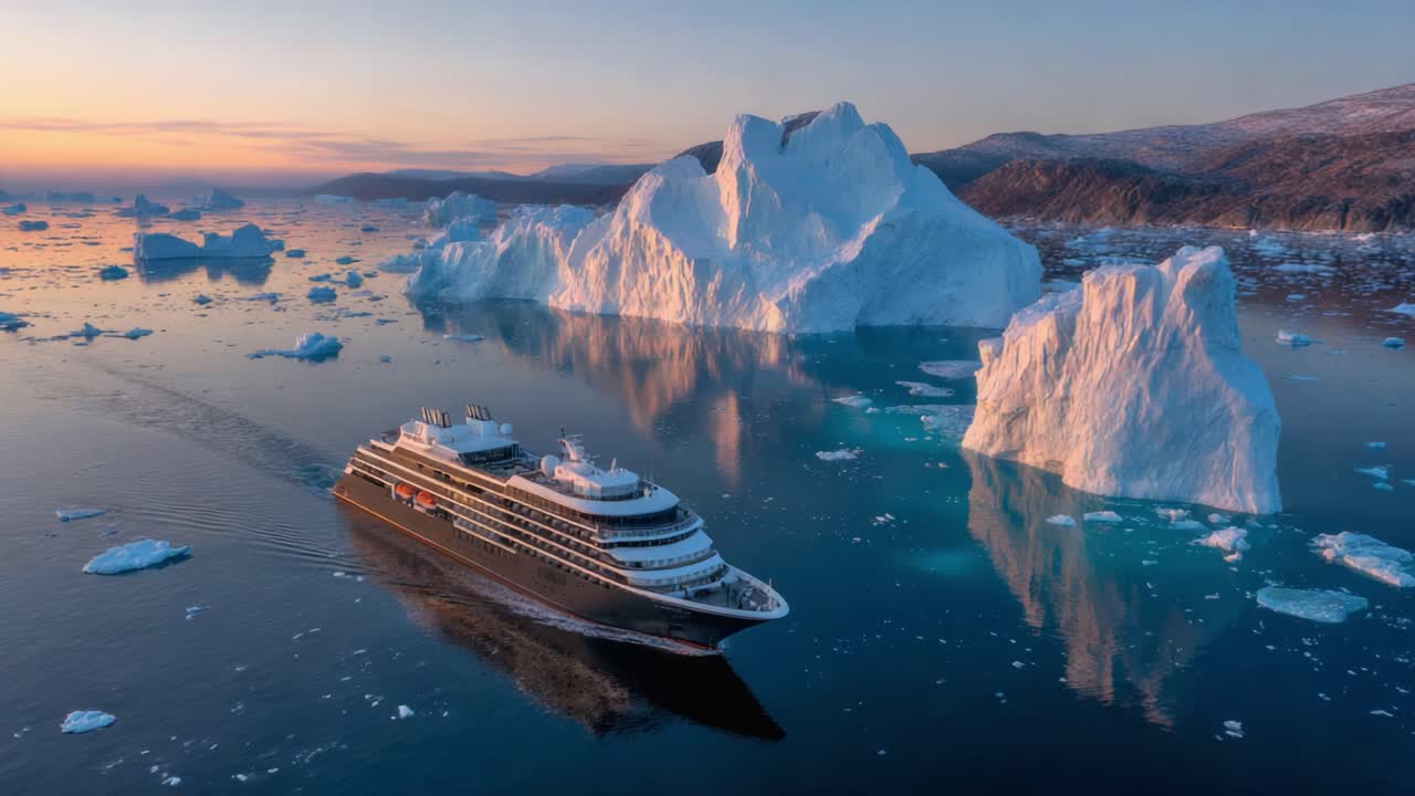 A Majestic Cruise Ship Navigates Through Stunning Icebergs During a Serene Sunset in Polar Waters, Showcasing Nature's Aesthetic Beauty and Tranquility