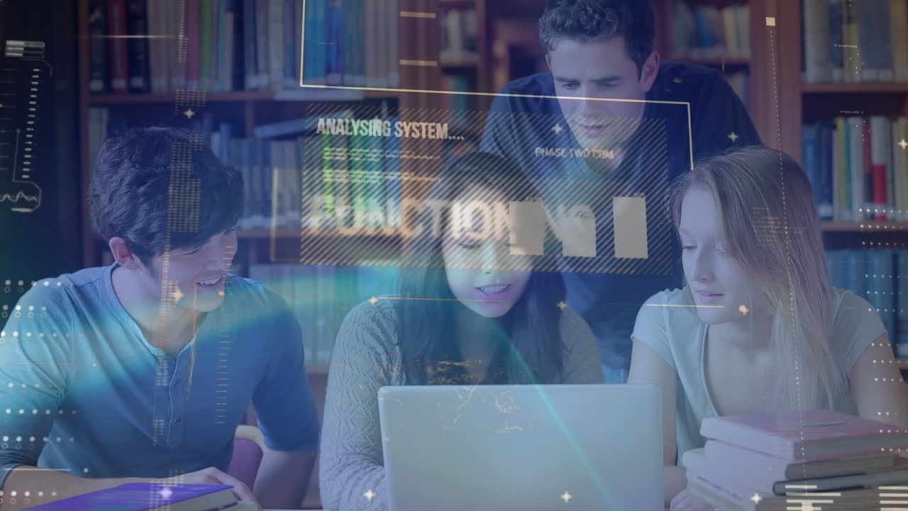 animación del procesamiento de datos en diversos estudiantes con computadoras portátiles