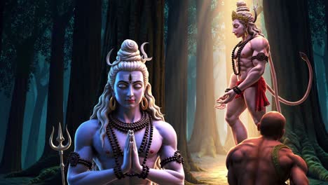 lord shiva and hanuman in a forest setting