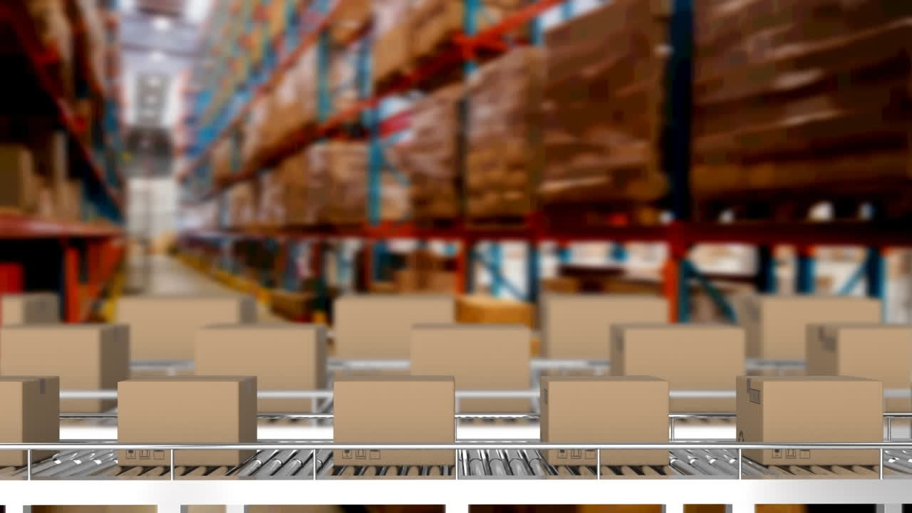 animación de cajas de cartón que se mueven en cintas transportadoras sobre el almacén