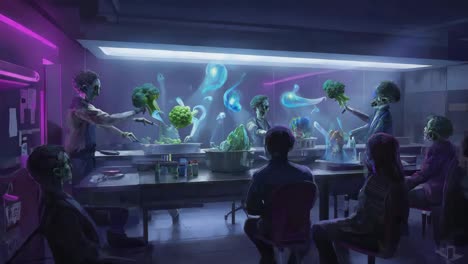 sci-fi laboratory with alien figures and vegetables