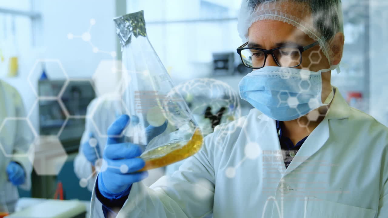 animación de fórmulas químicas y procesamiento de datos sobre diversos científicos que hacen experimentos