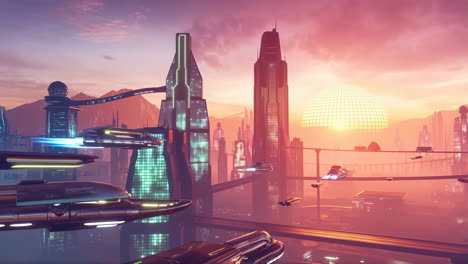 futuristic cityscape with flying vehicles at sunset