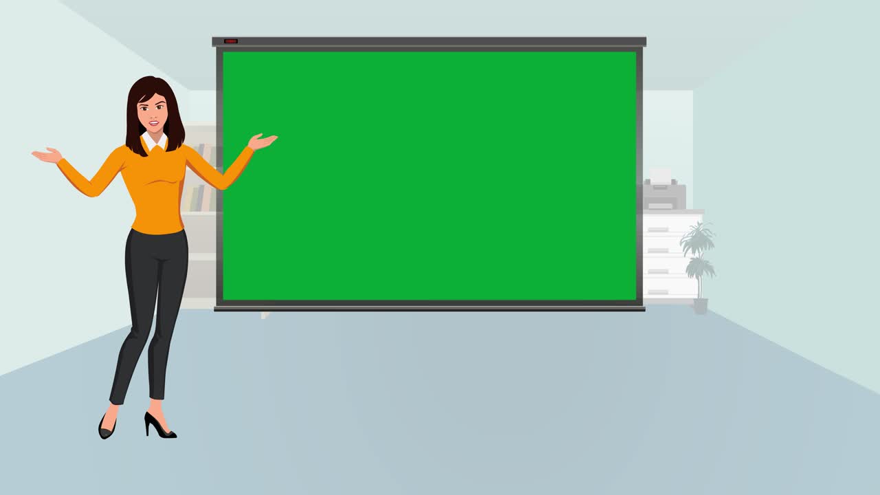 una caricatura de una mujer de negocios o entrenadora o líder de equipo vestida de forma informal que presenta una animación infográfica que presenta un proyecto o una estrategia empresarial que muestra ideas en una pantalla verde con una oficina en segundo plano
