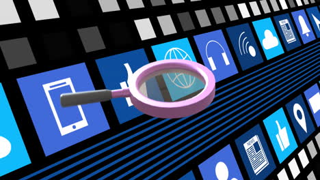 Animation of magnifying glass spinning over digital icons background