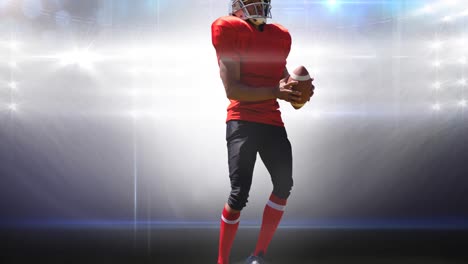 Animation-of-male-american-football-player-holding-ball-at-floodlit-stadium