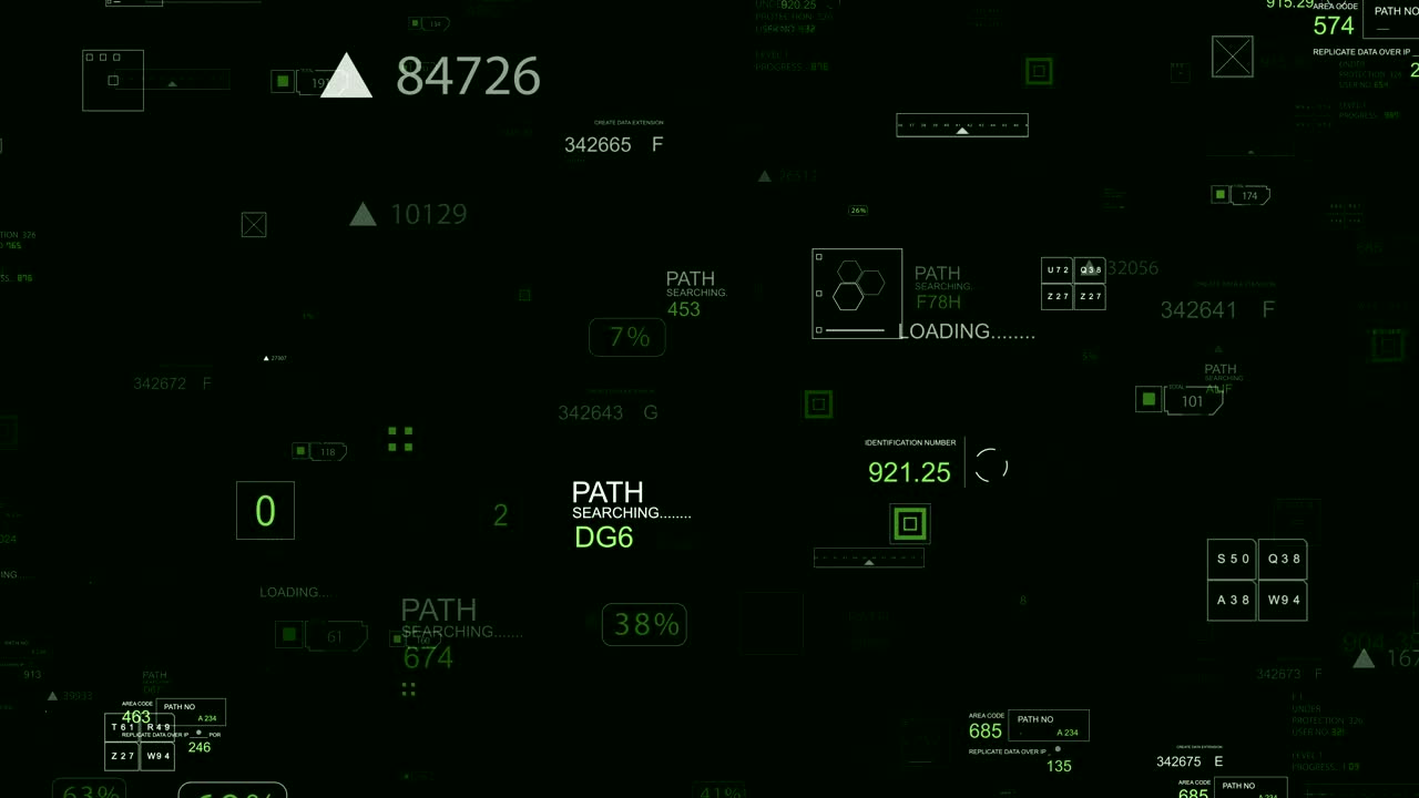 Looping HUD elements digital zoom in animation tunnel.Flying in sci fi digital cyberspace.