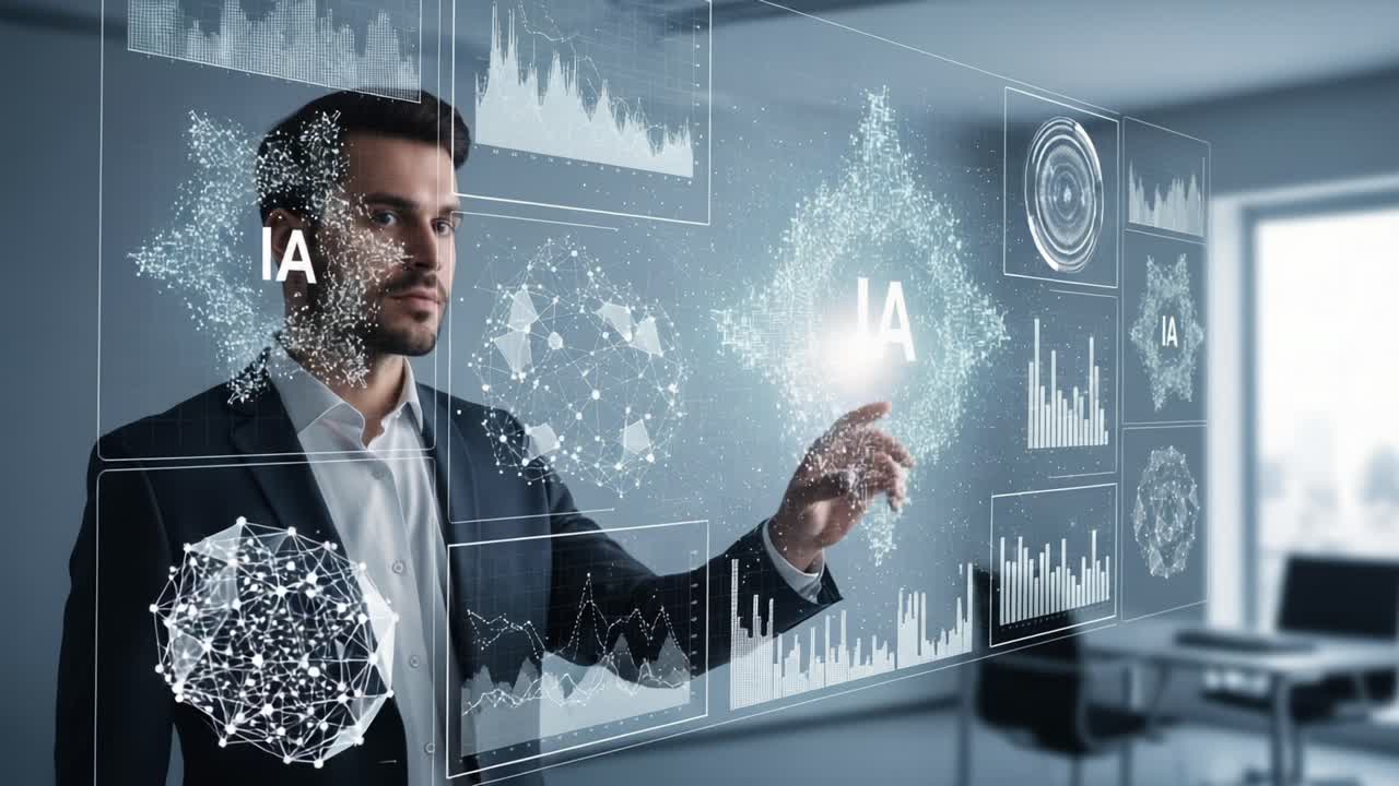 A Professional Engaging with Advanced Data Visualization Through Interactive Interfaces in a Modern Office Setting, Highlighting the Impact of Artificial Intelligence on Business Insights