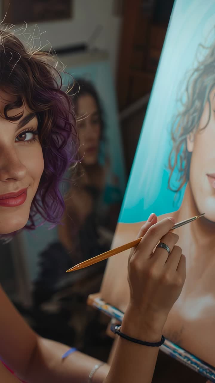 Video verticale: artista che dipinge in un serbatoio, che perfeziona un ritratto su un cavalletto in studio con un pennello, spazio per il testo