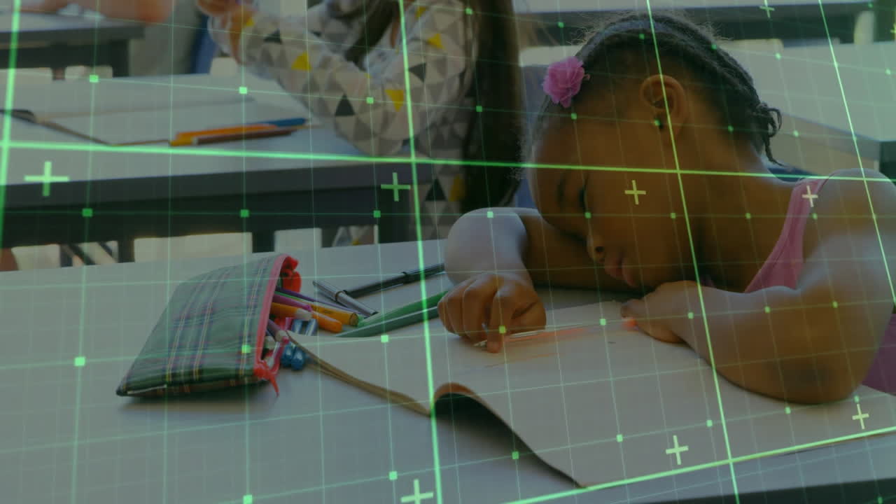 female students coloring at classroom desks, showing education chart icons floating over pencils