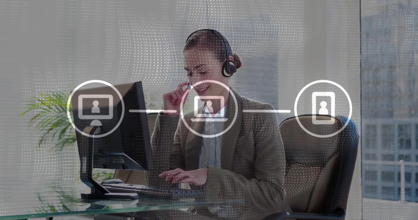 Animation of data processing over caucasian businesswoman in office