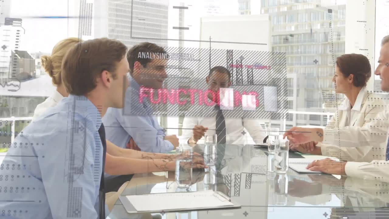 animación de estadísticas y procesamiento de datos financieros durante reuniones de negocios