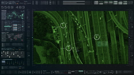 vigilancia e identificación de automóviles satelitales hud futuristas control antiterrorista monitoreo del tráfico de carreteras para un posible vehículo objetivo enemigo
