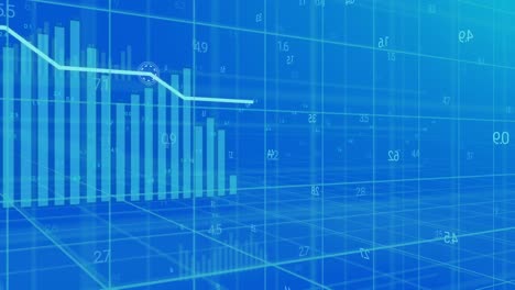 animación del procesamiento de datos estadísticos a través de la red de red contra un fondo azul