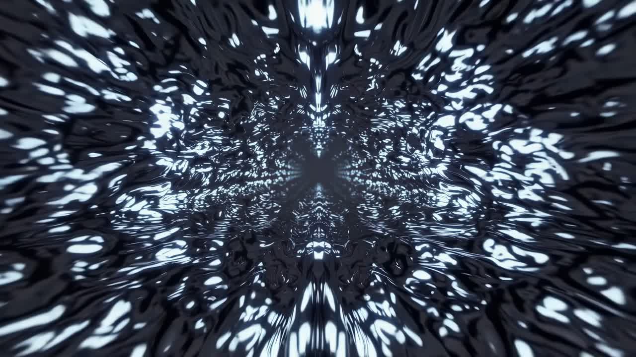 Dynamic abstract view of a metallic tunnel with reflective surfaces and intricate patterns creating a sense of movement and depth