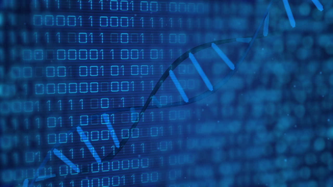 cadena de adn y codificación binaria, animación de procesamiento de datos científicos