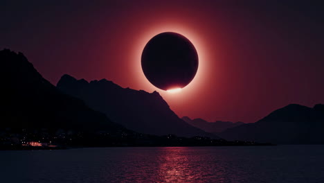 dramatic red eclipse over a mountainous landscape with water and village lights