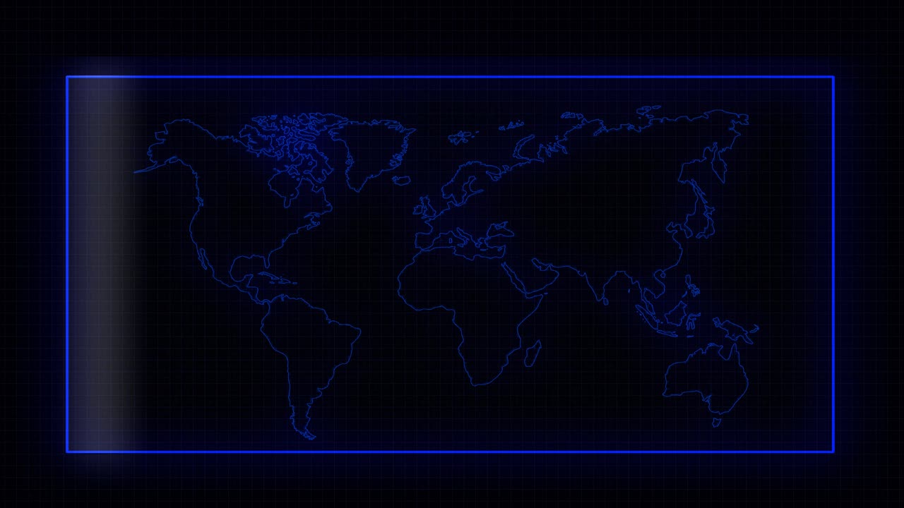 animación del mapa del mundo azul con luz de comprobación en movimiento sobre fondo negro
