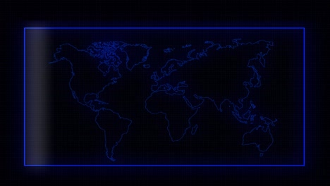 animation of blue world map with moving check light on black background
