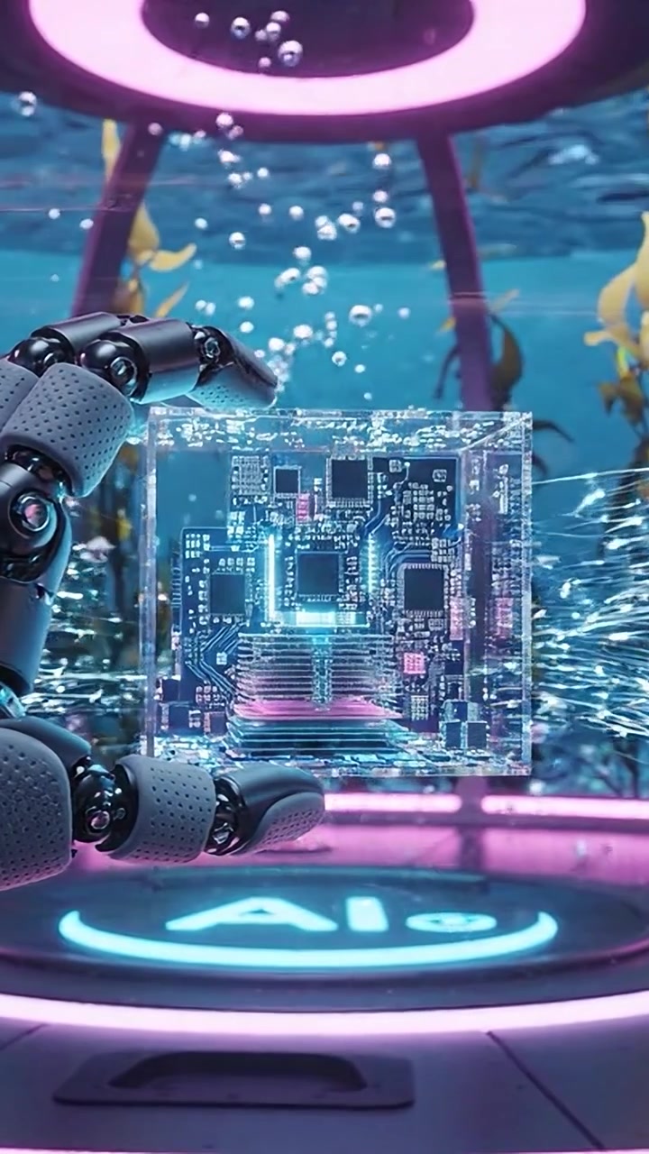An advanced robotic hand delicately holds a translucent, illuminated cube displaying intricate circuitry, set against an underwater backdrop with vibrant aquatic flora.